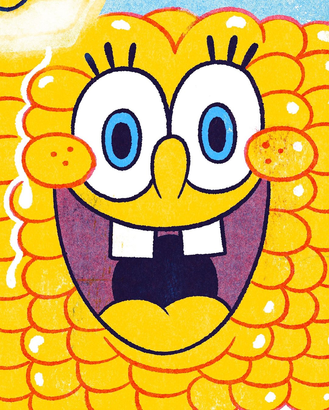 Illustration of a yellow cartoon character face with large eyes, buck teeth, and a textured surface, set against a light blue background.