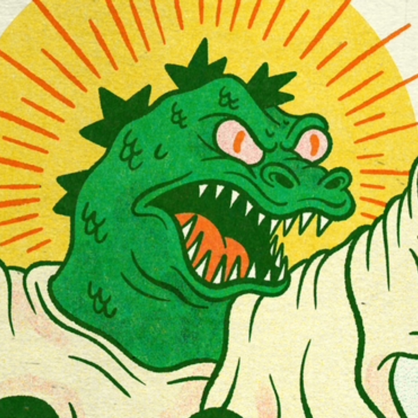 Illustration of a green alligator-like monster with sharp teeth, red eyes, and spiky scales, positioned against a yellow backdrop.