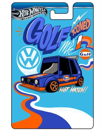 Cartoon illustration of a Hot Wheels Volkswagen Golf, featuring blue, orange, and white colors with 'Gulf' branding on a light blue background.