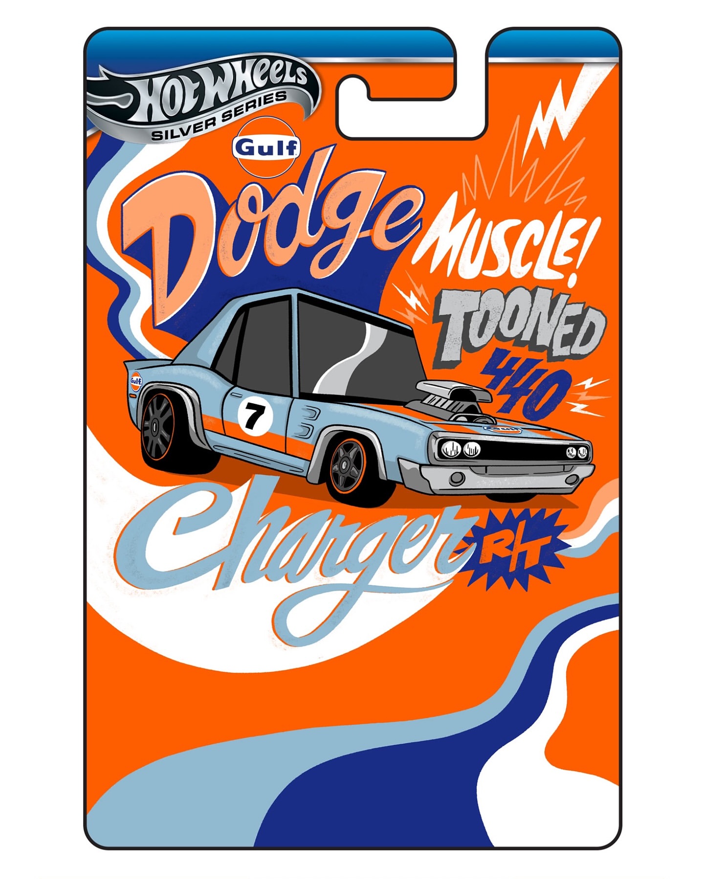 Illustration of a light blue 1970 Dodge Charger R/T with an orange stripe and the number 7 on the side, set on an orange and blue packaging.