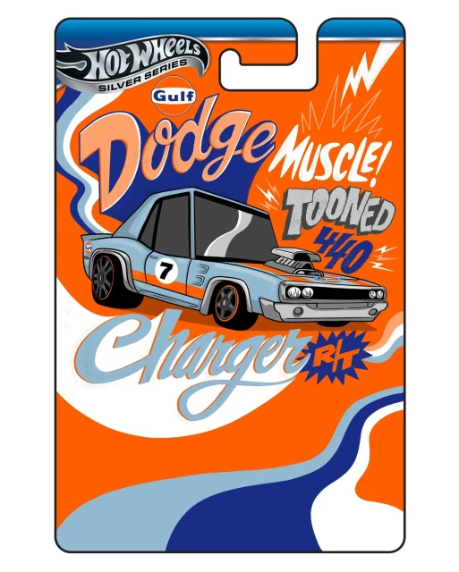 Illustration of a light blue 1970 Dodge Charger R/T with an orange stripe and the number 7 on the side, set on an orange and blue packaging.