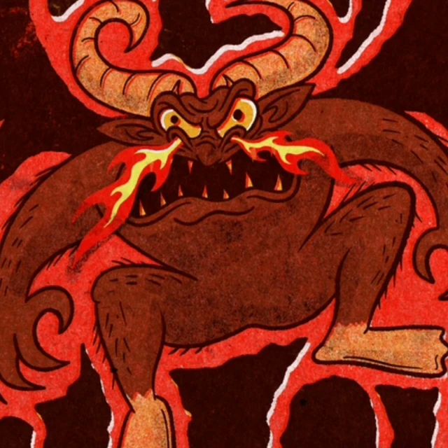 Illustration of a brown cartoon demon with horns and fire coming from its eyes, set against a reddish-orange and black background.