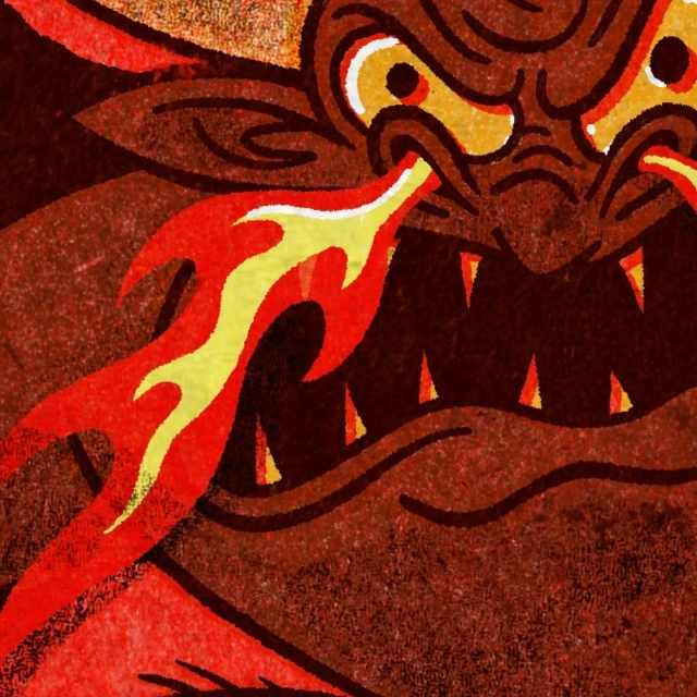 Illustration of a menacing, cartoonish devil face with horns and sharp teeth, breathing bright orange and yellow flames.