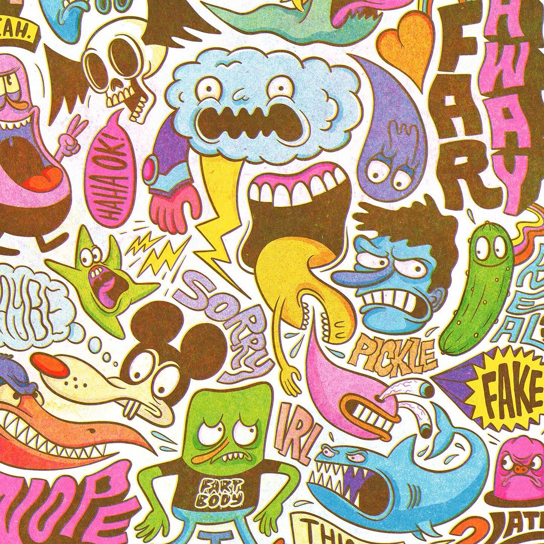 Whimsical illustration showcasing a chaotic mix of cartoon characters, speech bubbles, and surreal elements in vibrant colors and bold lines.