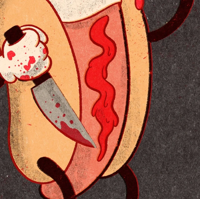 Whimsical illustration of a hot dog character holding a knife covered in ketchup, cartoon style with a dark background.
