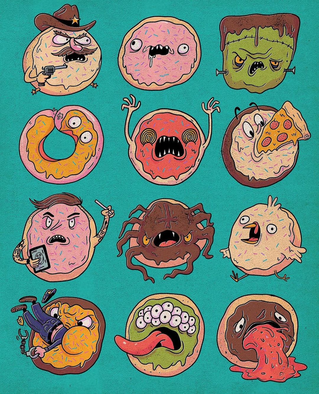 Illustration of assorted donut characters, including a sheriff, Frankenstein's monster, a spider, and other funny, monster-like designs.