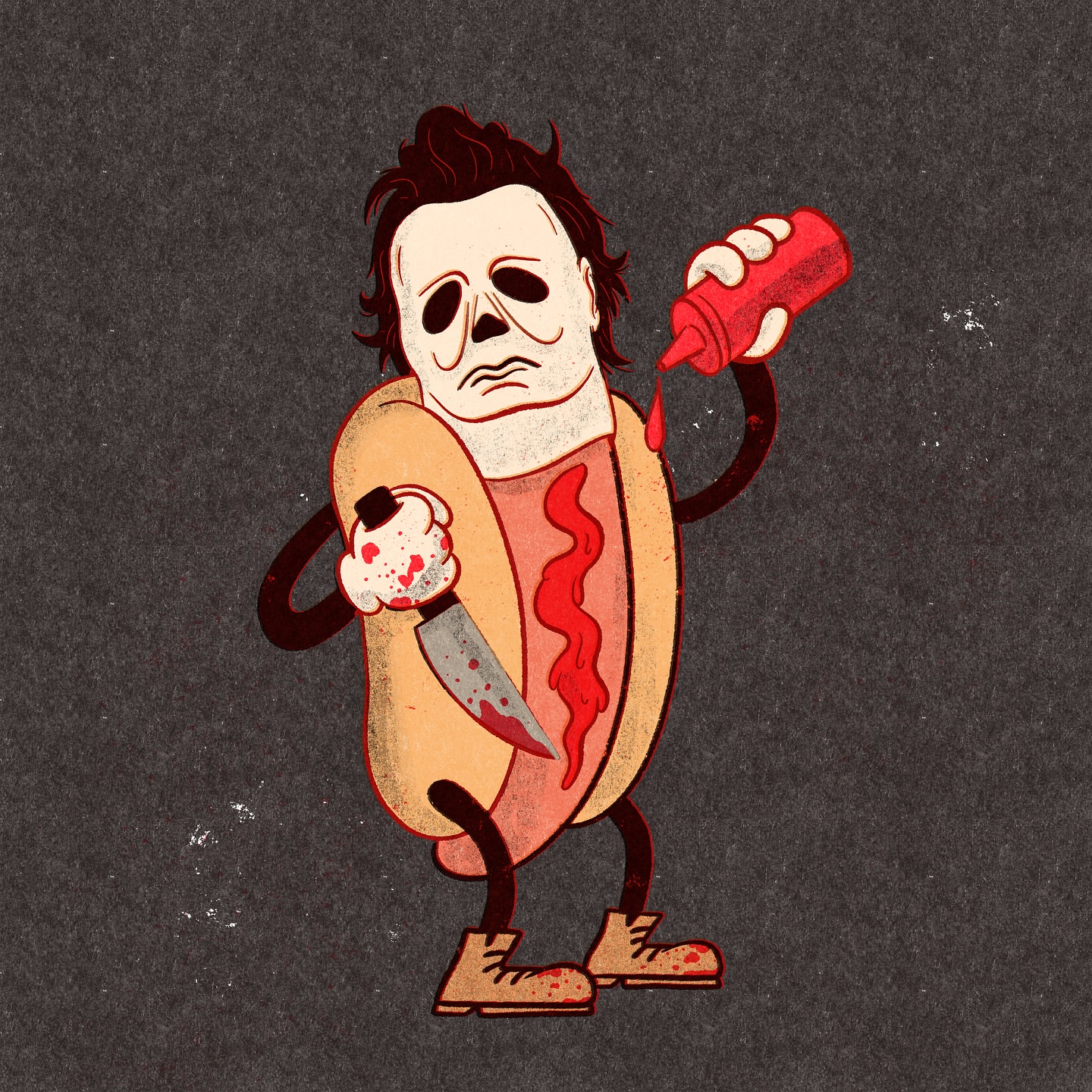 Illustration of a cartoon hot dog character with a spooky mask and knife pouring ketchup onto itself. Dark textured background.