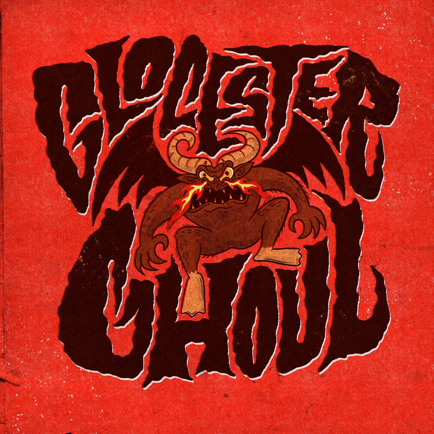 Cartoon illustration of the Gloster Ghoul, a horned monster with fiery eyes, set against a red background with vintage paper texture.