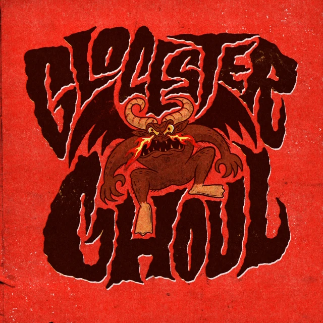 Cartoon illustration of the Gloster Ghoul, a horned monster with fiery eyes, set against a red background with vintage paper texture.