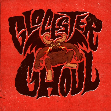 Cartoon illustration of the Gloster Ghoul, a horned monster with fiery eyes, set against a red background with vintage paper texture.
