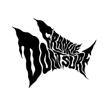 Black and white illustration of distorted text spelling "Frankie Dont Surf" with abstract, jagged, dripping shapes in the background.