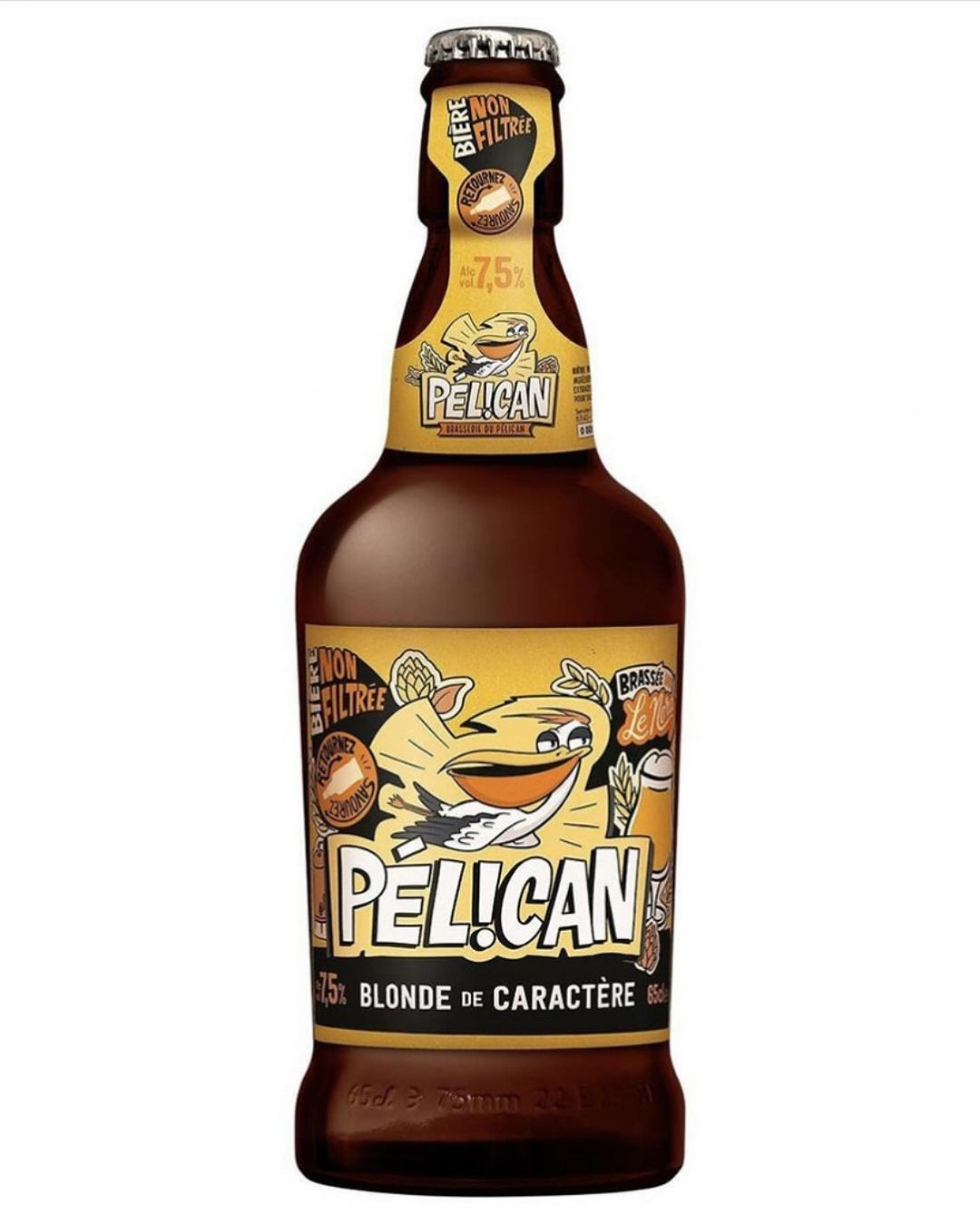 Brown glass bottle of Pelican Blonde de Caractère beer. The label has a cartoon pelican and the words "Pelican" and "Blonde de Caractère".