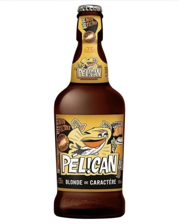 Brown glass bottle of Pelican Blonde de Caractère beer. The label has a cartoon pelican and the words "Pelican" and "Blonde de Caractère".