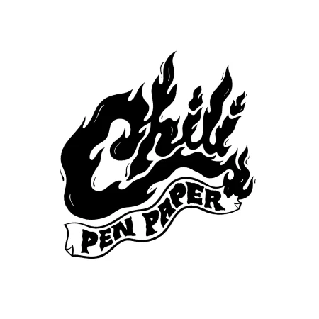 Black and white vector illustration with stylized melting typography spelling Chill over a banner reading Pen Paper.