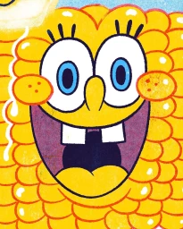 Close-up illustration of a yellow cartoon character with large blue eyes and a wide smiling mouth showing two front teeth.
