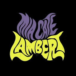 Psychedelic typography graphic illustration with bold purple and yellow lettering on black background