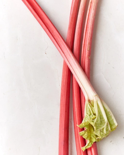 Close-up of fresh rhubarb stalks with green leaves on a white surface. Red and pink hues dominate the image.