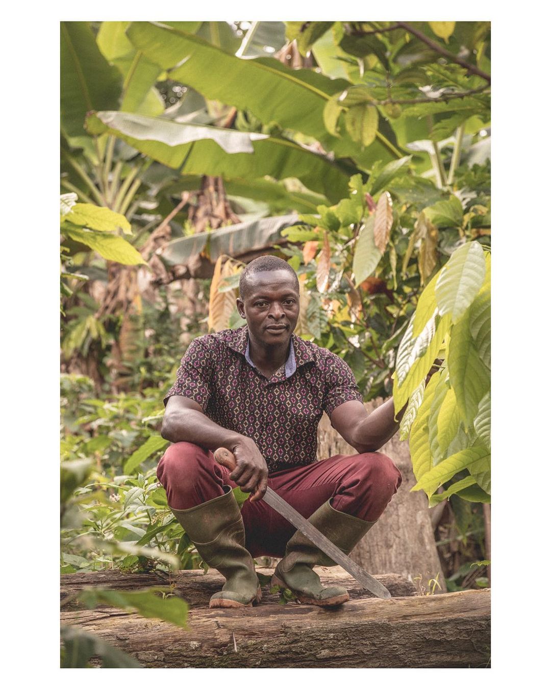 An adult African male squats on a fallen tree trunk, holding a machete, surrounded by dense green vegetation in a rural outdoor setting.