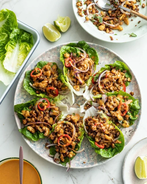 Overhead shot of lettuce wraps filled with seasoned ground meat, topped with sliced red onions and peppers, on a patterned plate.