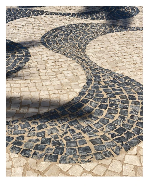 Close-up of a black and white patterned cobblestone street in Copacabana, Rio de Janeiro, showing the iconic wave design.
