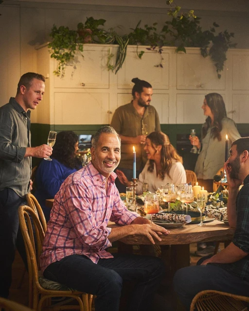 Group of people, including a smiling man in a pink shirt, gathered around a candlelit table, creating a warm, celebratory atmosphere indoors.