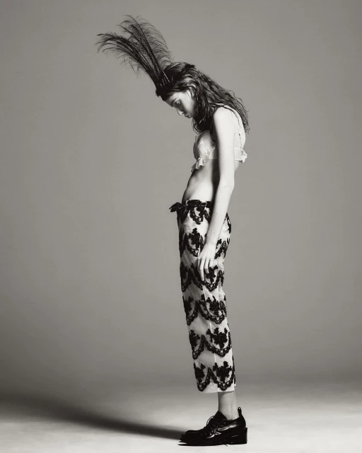 Monochrome portrait of a slender woman in cropped lace pants, bralette, headdress with feathers and platform shoes, looking down in a studio.