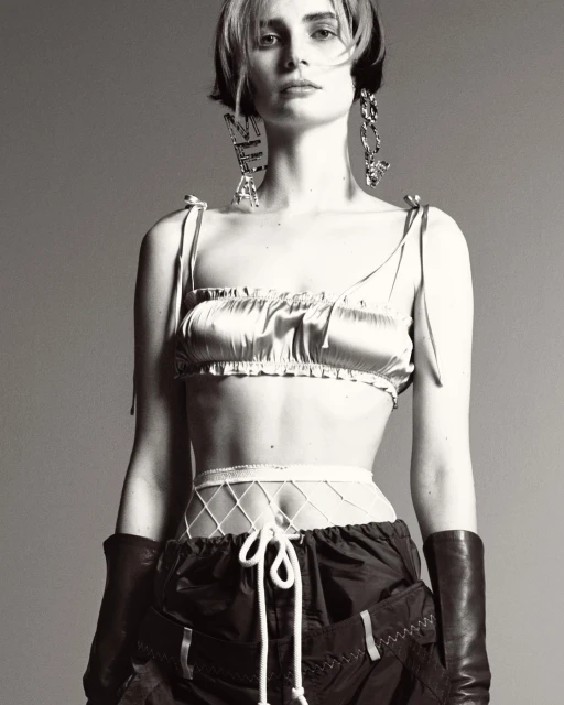 Monochrome portrait of a woman with short dark hair in a shiny crop top, dark shorts, long gloves, and large earrings against a grey backdrop.
