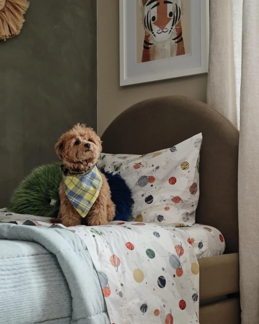 A small dog with a blue and yellow bandana sitting on a patterned bed with a tiger print hanging on the wall in a bedroom.