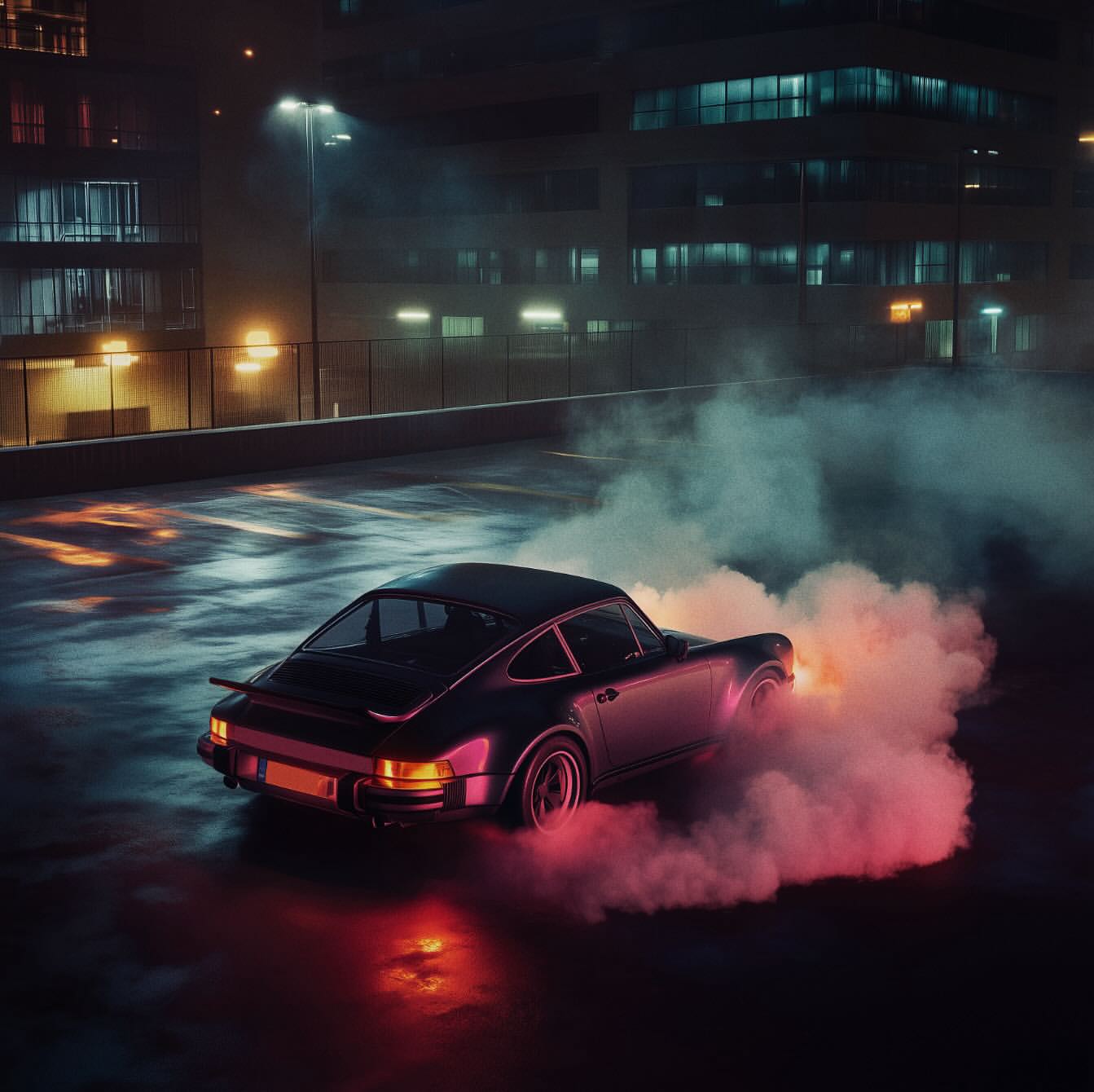 Sleek black sports car creating a cloud of smoke on a rooftop parking lot at night, with an office building in the background.