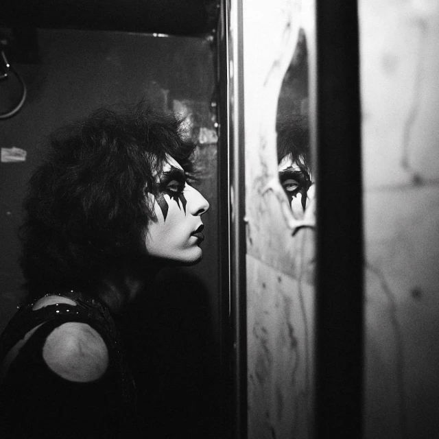 Person with face paint looks at their reflection in a mirror inside a bathroom with monochrome lighting in a close-up portrait.