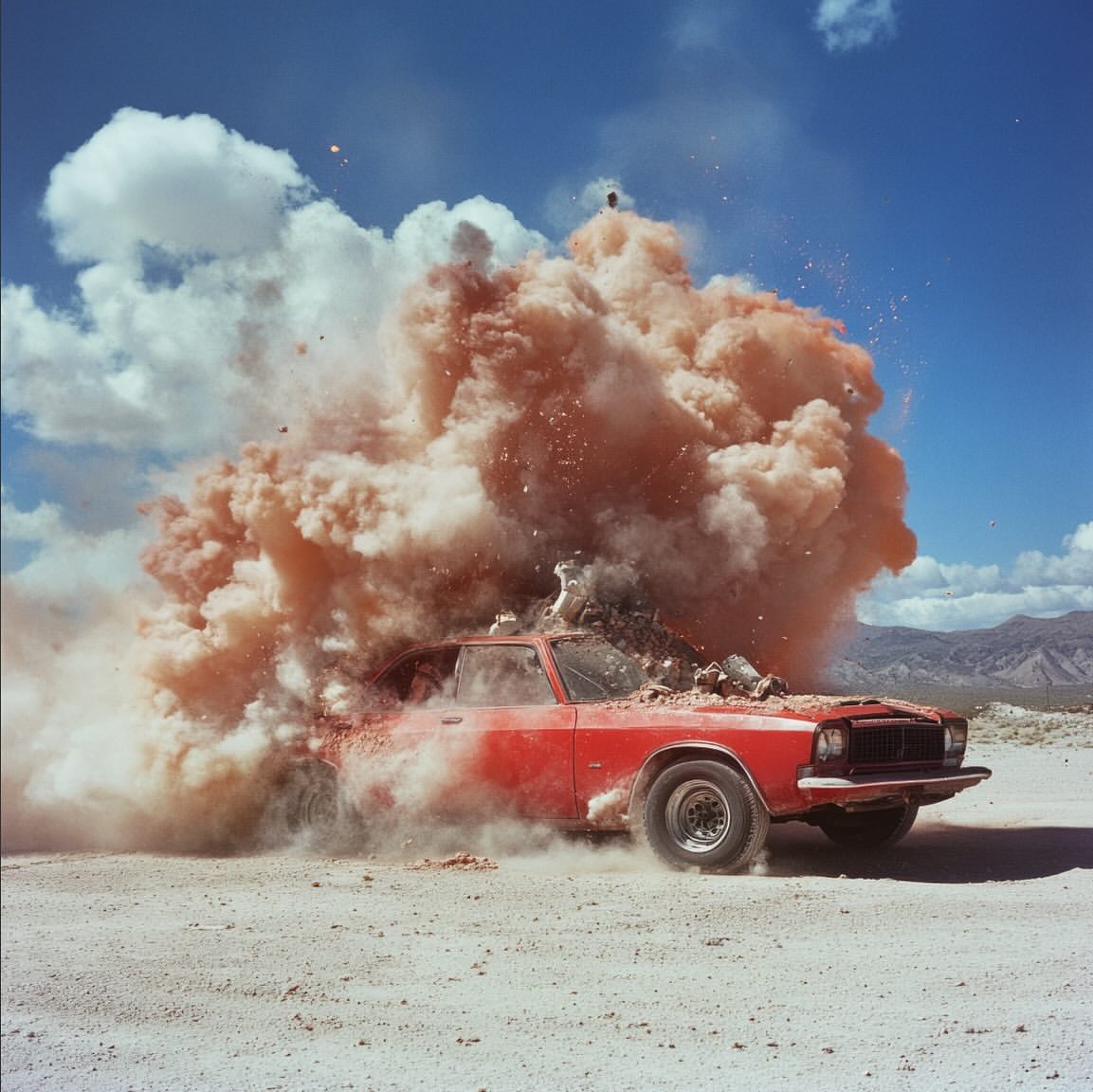 A red car is engulfed in a cloud of dust and debris in a desert landscape under a blue sky, with mountains visible in the distance.