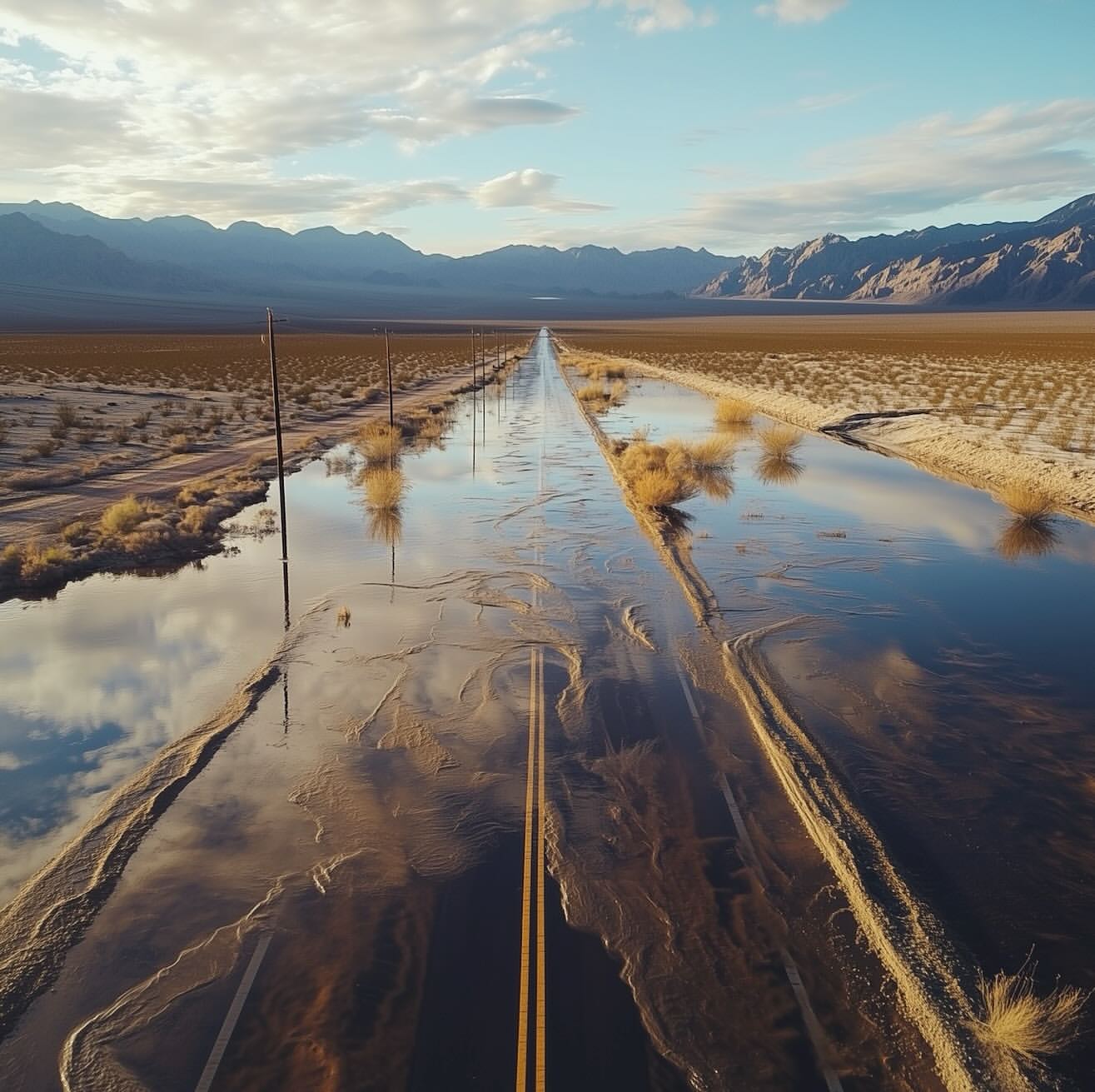 Flooded desert road, under cloudy sky, leading to distant mountains. Power poles run along the roadside; arid landscape setting.