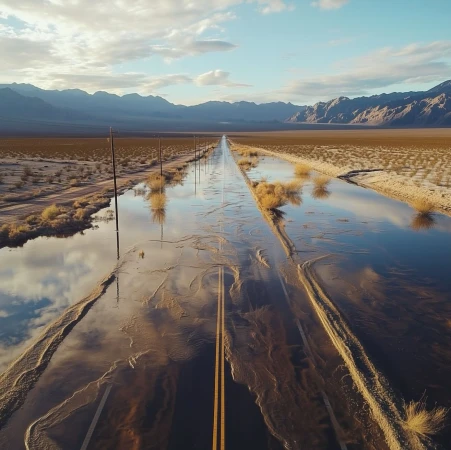 Flooded desert road, under cloudy sky, leading to distant mountains. Power poles run along the roadside; arid landscape setting.