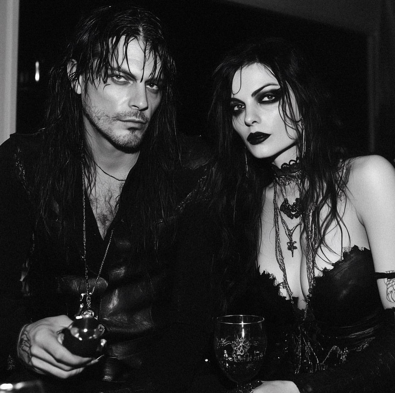 Black and white portrait of a couple with dark hair and makeup in dark clothing, standing indoors with a glass of red wine.