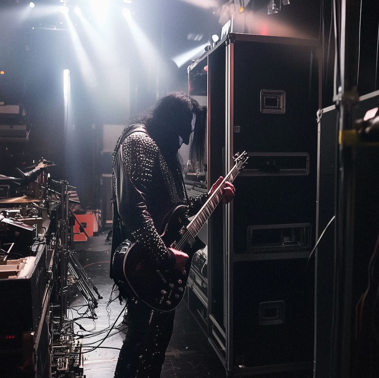 Musician plays black electric guitar on dimly lit stage with cables and speaker cabinets visible in backstage area; concert setting.