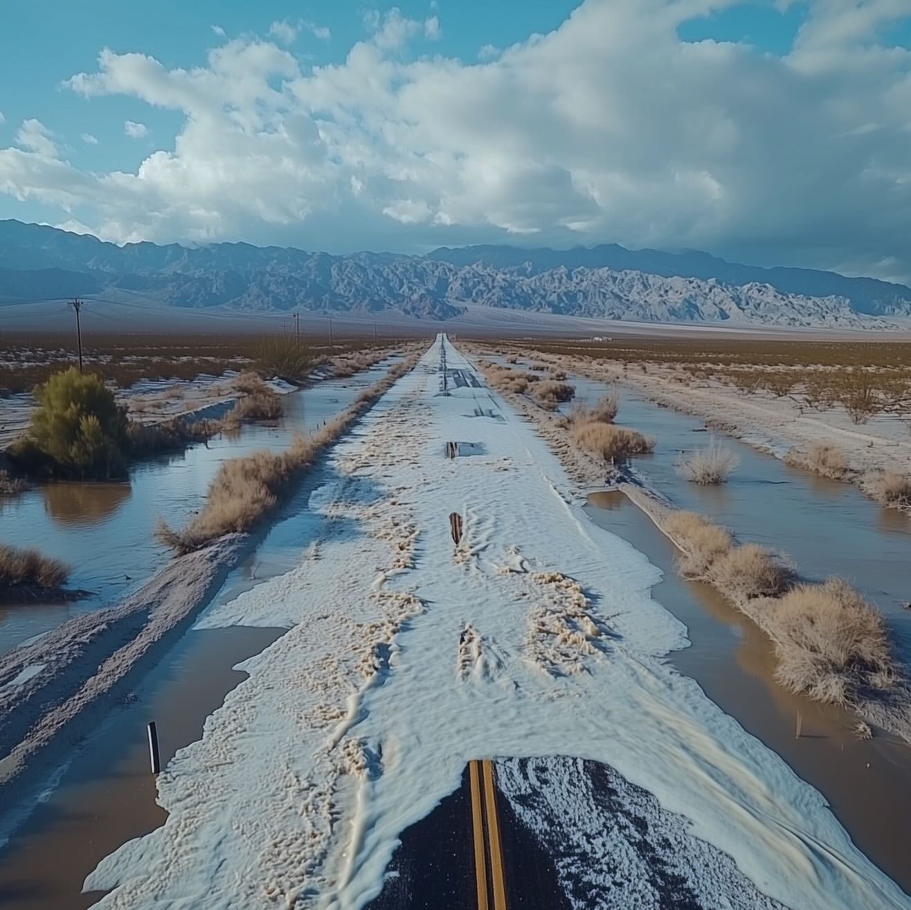Flooded desert highway under a blue sky. Standing water covers the asphalt road and surrounding arid landscape toward distant mountains.