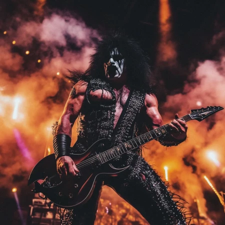Muscular adult male in stage makeup and elaborate costume plays electric guitar amid bright lights and smoke at a concert venue.