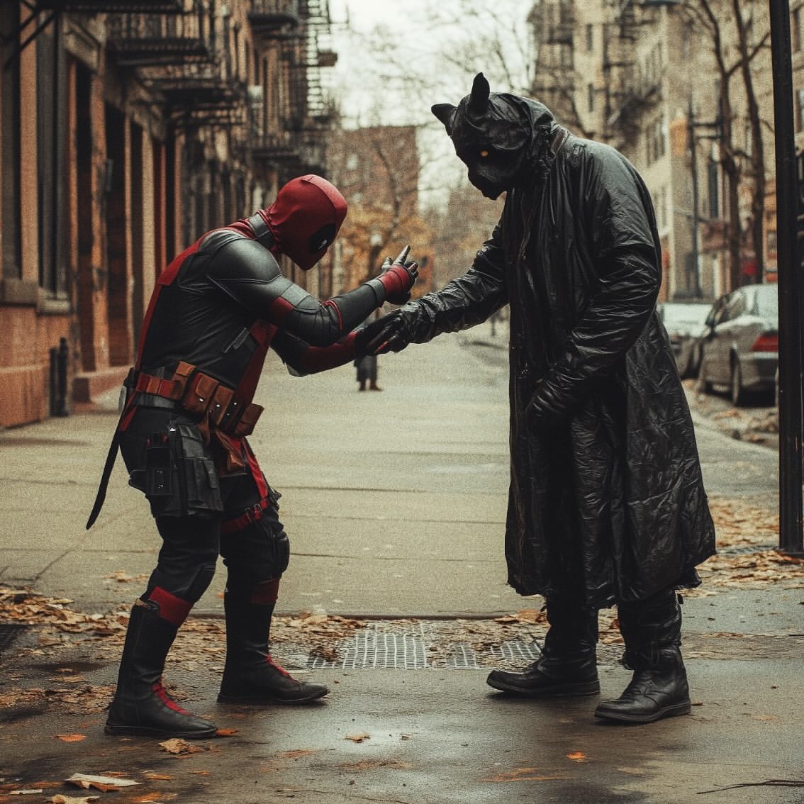Two costumed figures stand on a city street with falling leaves, one dressed as Deadpool handing an object to the other figure in black.
