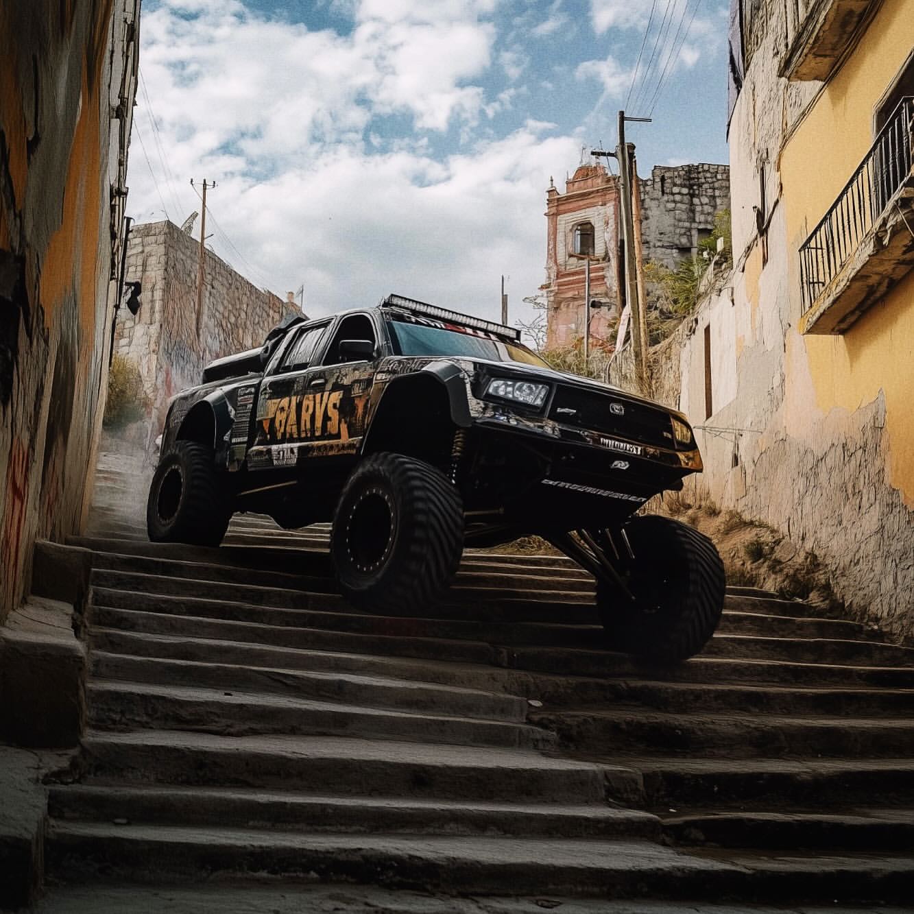 Off-road truck climbs old stone steps in urban setting. The vehicle has oversized tires and black rims with stone buildings behind it.