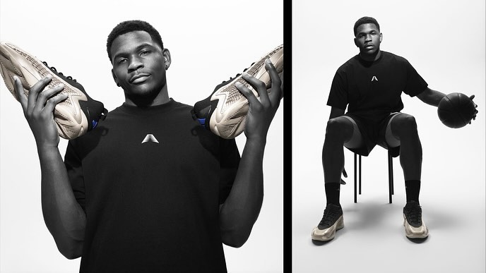 Split-screen shot of an adult male in athletic wear posing in a studio with basketball shoes and ball against a white backdrop.