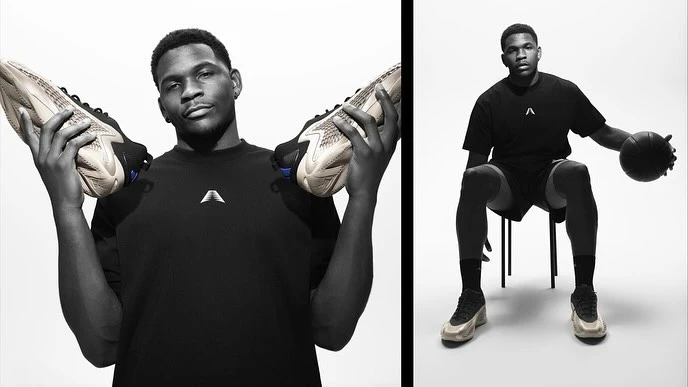 Split-screen shot of an adult male in athletic wear posing in a studio with basketball shoes and ball against a white backdrop.