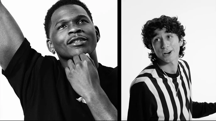 Two black and white portrait panels featuring two young men against a plain background