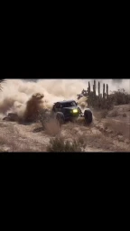 Off-road race buggy kicking up a massive cloud of dust through a desert landscape with sparse cacti and low brush.