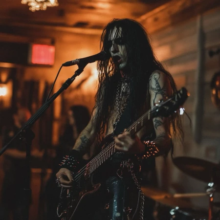 Musician with long dark hair and face paint playing bass guitar into a microphone on a dimly lit stage