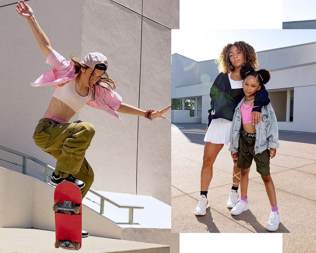 Collage of two skateboarding photographs featuring young female models in casual streetwear apparel against a concrete architectural backdrop.