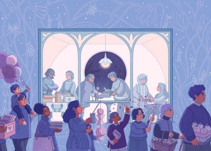 Illustration depicts adults and children in an indoor setting, some helping at tables with supplies and others walking by with donations.