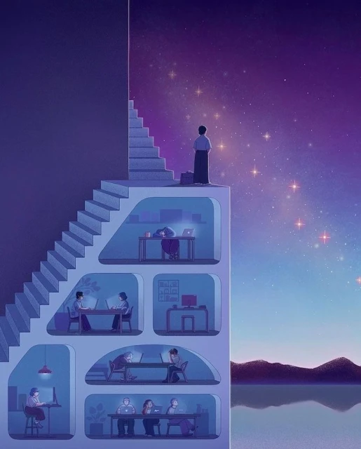 Illustration of a multi-level office building, with people working, next to a staircase leading to a person looking at a starry sky and lake.
