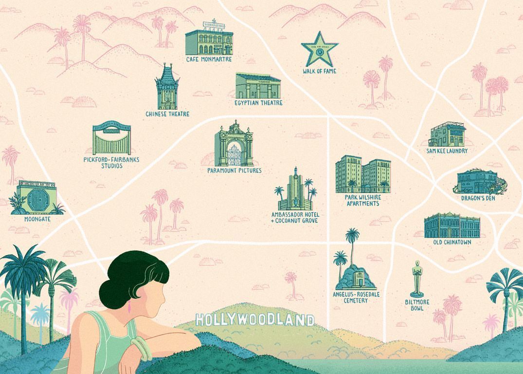 Illustrated map of Hollywood landmarks with a woman looking out, featuring palm trees and buildings like Paramount Pictures.