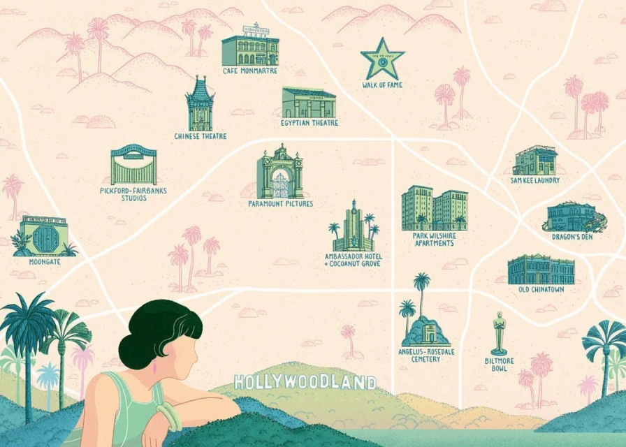 Illustrated map of Hollywood landmarks with a woman looking out, featuring palm trees and buildings like Paramount Pictures.