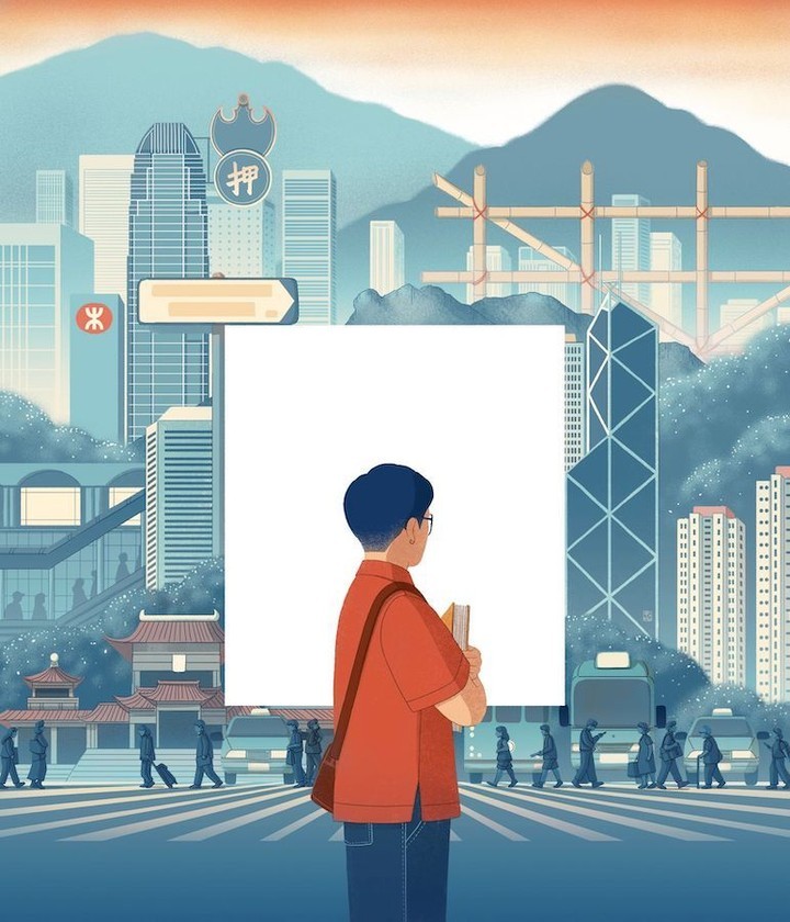 Illustration of a person holding a blank sign in a stylized urban landscape with people, buildings, and mountains in the background.